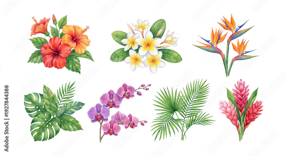 custom made wallpaper toronto digitalWatercolor tropical hibiscus florals elements set.
