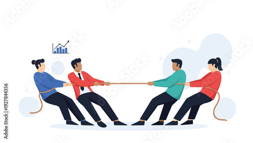 Two teams of professional people in business attire engaged in a tug of war competition with a rising bar graph icon above.