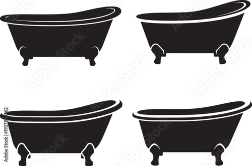 Four black silhouette icons of antique clawfoot bathtubs, evoking themes of vintage bathrooms, relaxation, and bathing.