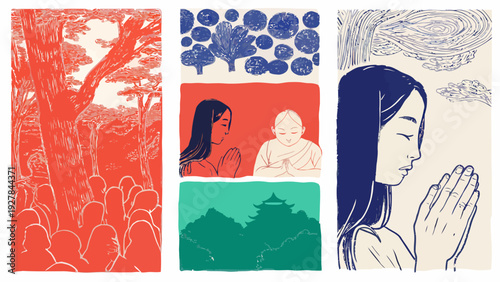 People praying in a forest and near a temple, a monk meditating, diverse group showing faith and devotion with warm red and cool blue colors.