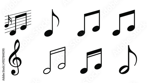 Collection of eight black musical notes and symbols including quavers, crotchets, and a treble clef for audio projects.