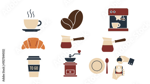 collection of coffee related icons and illustrations in a flat design style