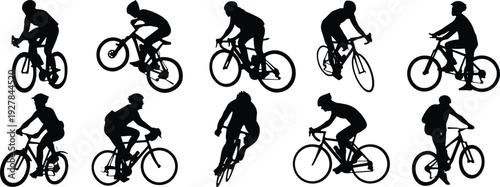 Cyclist silhouettes set with road bike riders in different poses, mountain biking and racing bicycle athletes vector illustration collection