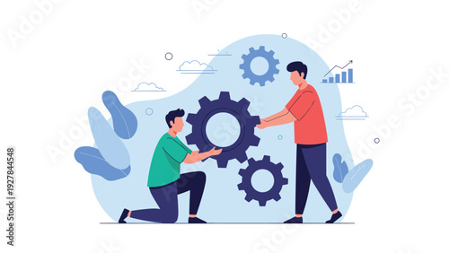 Skilled engineers or mechanics collaborate to assemble large mechanical gears representing system integration and efficient business operations.