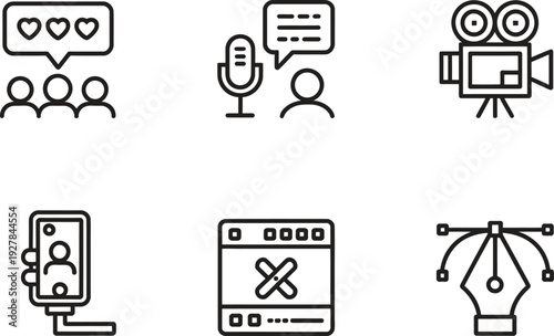 Digital Media and Content Creation Icons: Video Production, Social Media Marketing, and Graphic Design Vector Illustration