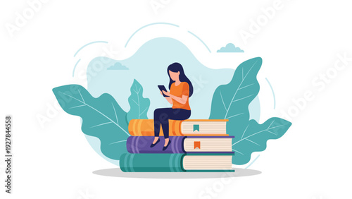 Young woman uses a digital tablet for online learning while sitting on a large stack of books in a peaceful green environment.