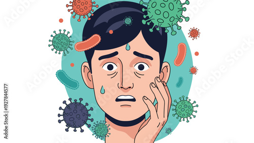 Portrait of a stressed man feeling unwell and sweating while surrounded by various pathogenic virus and bacteria icons during an outbreak.