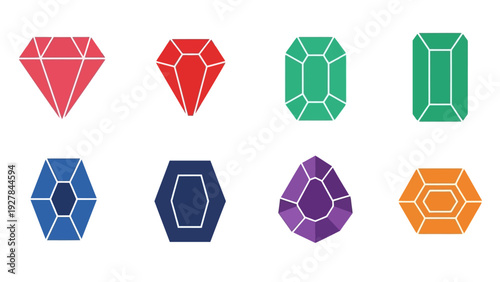 Collection of colorful and modern geometric gemstone vector icons on a white background