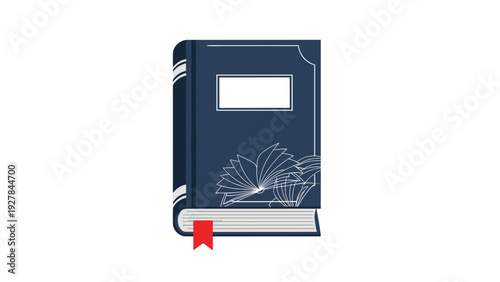 Elegant dark blue hardcover book with a red ribbon bookmark and silver decorative motifs perfect for literature and library concepts.