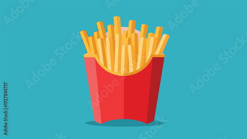 Classic cardboard container filled with golden crispy french fries served against a solid blue background for fast food marketing.
