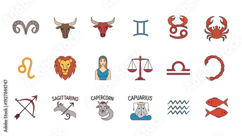 Collection of colorful flat design zodiac and astrological symbols arranged in a grid pattern