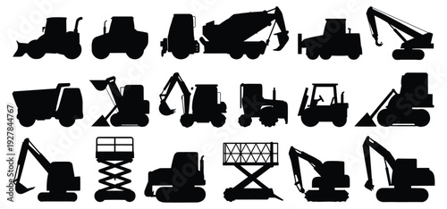 Heavy construction equipment silhouettes collection featuring excavator, bulldozer, dump truck, crane, loader and scissor lift industrial machinery vector icon set
