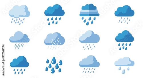 A collection of twelve distinct cartoon-style illustrations depicting various types of rain clouds and falling precipitation.