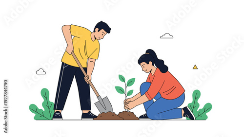 Man and woman working together to plant a young tree sapling representing environmental conservation, sustainability, and communal growth.