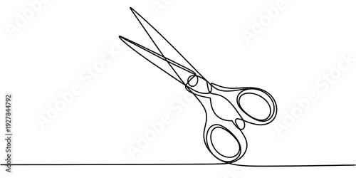 Minimalist continuous line drawing of a pair of scissors on a plain white background.
