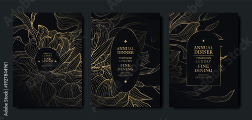 Luxury dark background, elegant gold floral line pattern, leaves, flowers. Vector design wedding invitations, gala dinners, wine labels, birthday cards, tropical event flyers