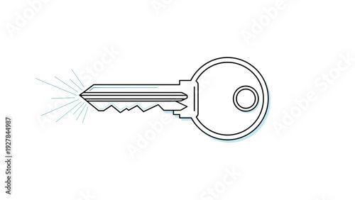 Simple key icon with shining rays at its tip representing security, access, solutions, and unlocking new opportunities in business.