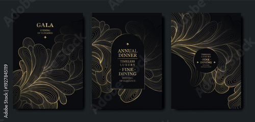 Luxury dark background, elegant gold floral line pattern, leaves, flowers. Vector design wedding invitations, gala dinners, wine labels, birthday cards, tropical event flyers