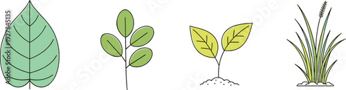 Green plant and leaf icons set with sprout seedlings and grass elements minimal colorful flat vector illustration isolated