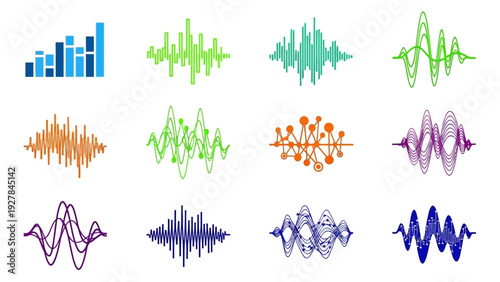 Collection of colorful sound wave and audio visualization graphics perfect for technology and