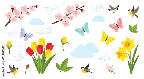 A vibrant collection of spring elements including blooming cherry blossoms, colorful tulips, daffodils, fluttering butterflies, and cheerful birds against a light blue sky with clouds.