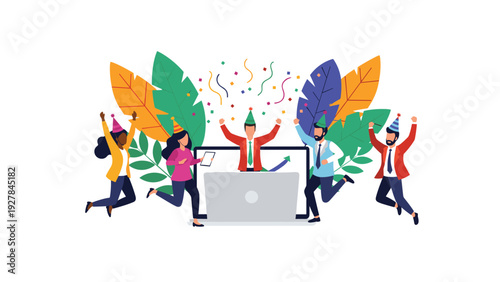 Team of diverse professionals wearing party hats celebrates a business milestone or holiday around a laptop with colorful confetti.