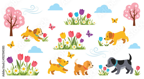 A delightful spring scene featuring playful puppies exploring a garden filled with blooming tulips and fluttering butterflies.