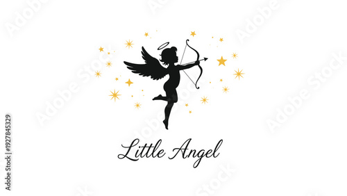 Silhouette of a little cupid angel flying with a bow and arrow surrounded by golden stars on a white background.