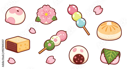 A delightful collection of Japanese wagashi sweets, including dango, mochi, and sakura-themed treats, presented in a charming illustration.
