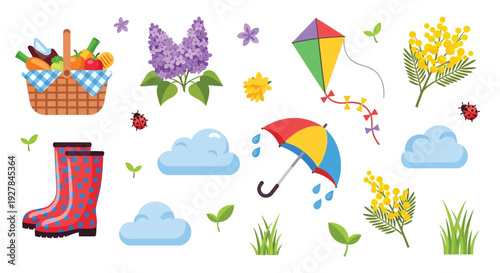 A vibrant collection of spring-themed illustrations including a picnic basket, flowers, rain gear, clouds, and a kite.