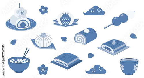 A collection of Japanese sweets and tea, featuring mochi, dango, wagashi, and a cup of green tea, presented in a charming blue and white illustration style.