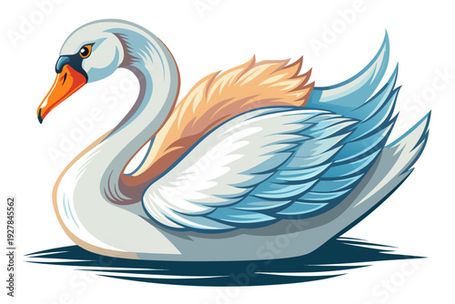 Stylized white swan with orange beak and blue feathered wings on white background bird