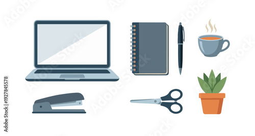 Essential Office and Desk Supplies Collection A Modern Flat Illustration of Workstation Items for Productivity and Business Tasks