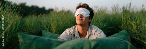 Young caucasian male relaxing outdoors with eye mask in green field at sunset