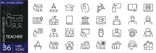 Teacher icons set. Includes symbols of educators, classrooms, books, chalkboards, teaching tools, and academic guidance. Editable stroke. Vector illustration. Outline icons. Perfect for education