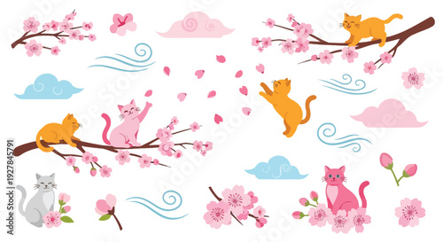Charming illustration of playful cats interacting with blooming cherry blossom branches and soft clouds, evoking a sense of spring joy and feline curiosity.