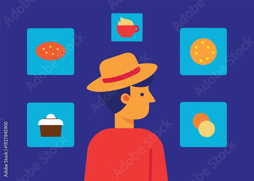 Man in an orange hat views digital food and drink options as app icons around his head, powered by AI.