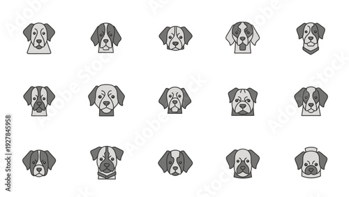 Collection of diverse dog breed face icons in a clean and modern flat design style for easy use