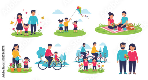 A collection of heartwarming illustrations depicting families enjoying various outdoor activities together, fostering a sense of togetherness and joy.