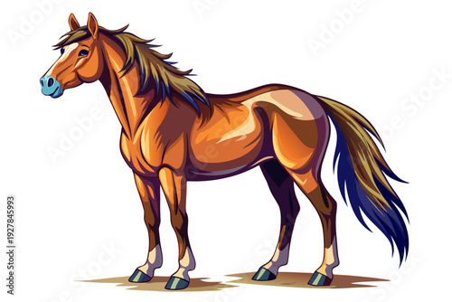 Stylized brown horse with blue muzzle and dark mane on white background animal equine