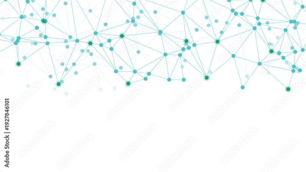 Obraz premium Abstract network connection structure with glowing green and cyan nodes and lines forming a digital web border at the top with vector illustration