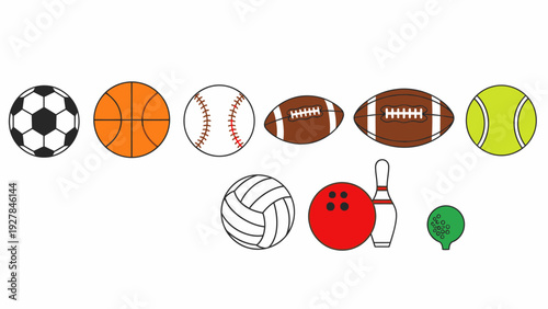 Collection of diverse sports balls and equipment on a clean white background illustration