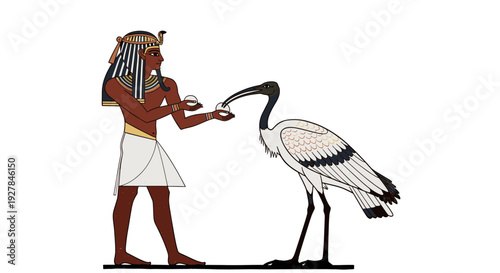 Ancient Egyptian Man Feeding Sacred Ibis Bird.