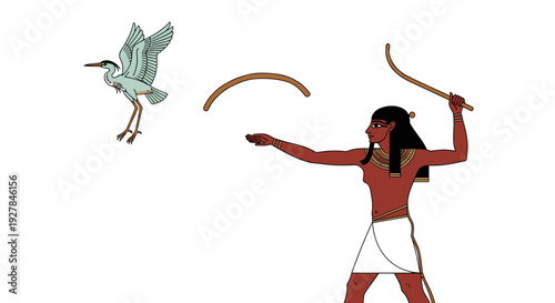 Ancient Egyptian Hunter Throwing Boomerang at Bird.