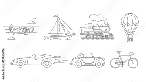 Collection of diverse transportation methods depicted in simple outline vector art style
