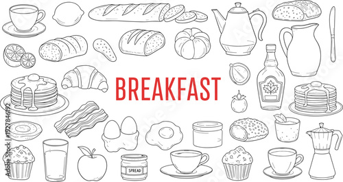 Hand drawn breakfast food collection with pancakes eggs bacon croissants coffee and bread in cad drawing flat vector illustration for design