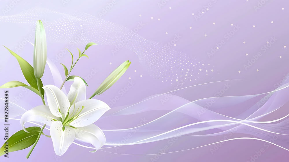 Obraz premium White lily and glowing abstract wave lines on dreamy light purple vector background with copy space for premium skincare and elegant feminine brand visuals