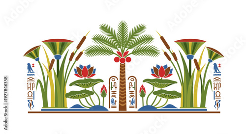 Ancient Egyptian Style Palm Tree Lotus Illustration.