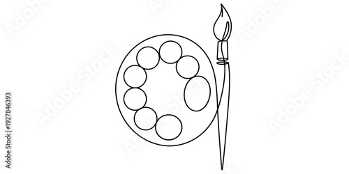 Simple line drawing of an artist palette and a paintbrush for painting and creative art projects.