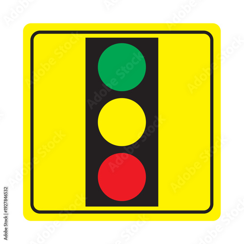 Isolated illustration of a safety warning sign symbol in red, yellow, and green colors on various backgrounds representing a road traffic light signal for street danger control
